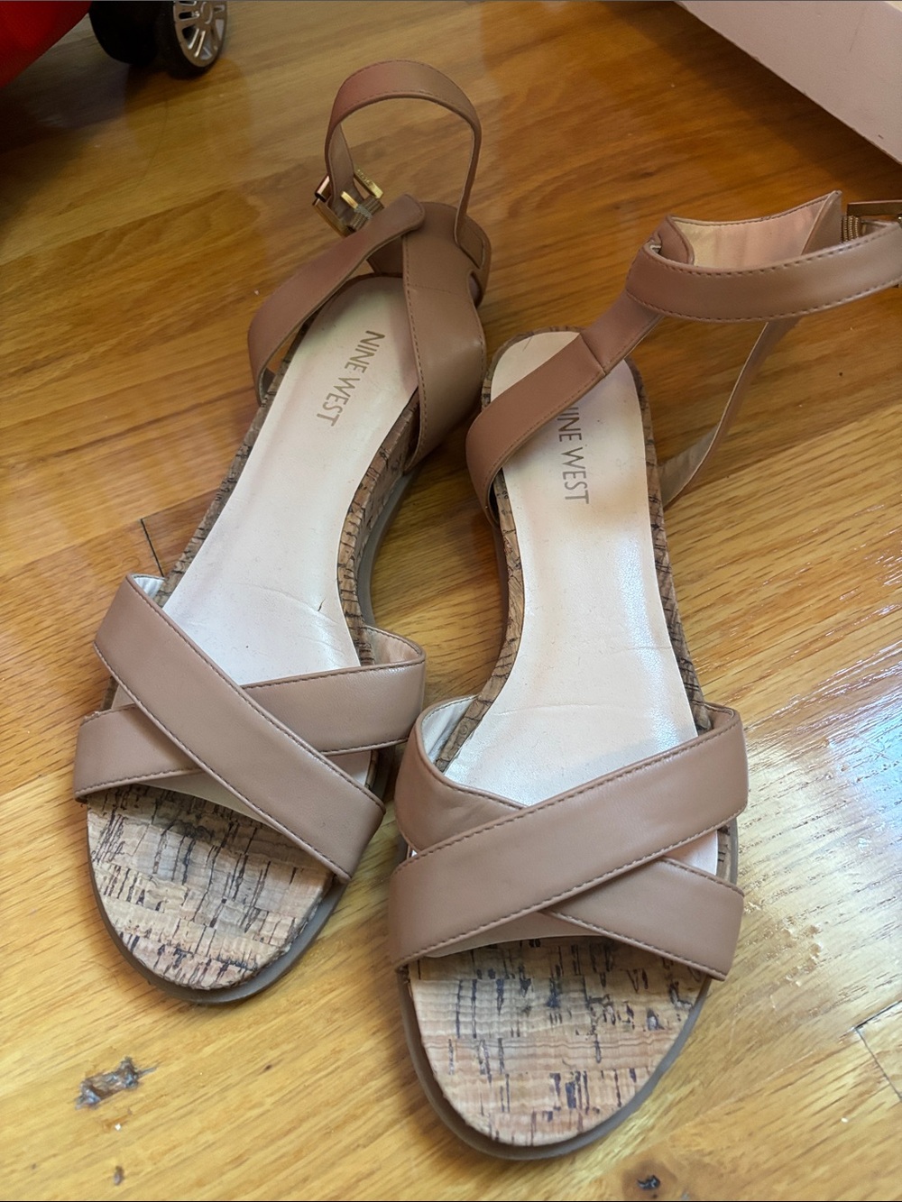 Nine West Brown Crisscross Cork-Trim Ankle Strap Sandals
